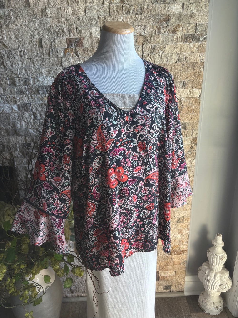 J. Jill Black Floral Paisley V-Neck Bell Sleeve Top with Pink and Red Accents